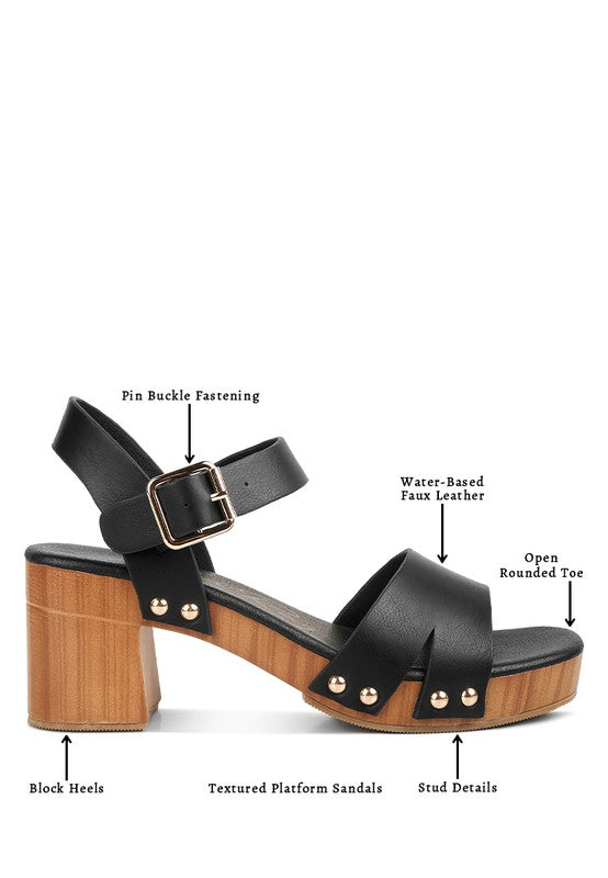 Faux Leather Textured Block Heel Sandals