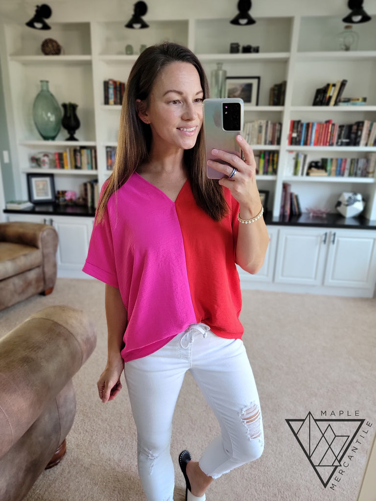 Colorblock Dolman Tunic - Pink Red