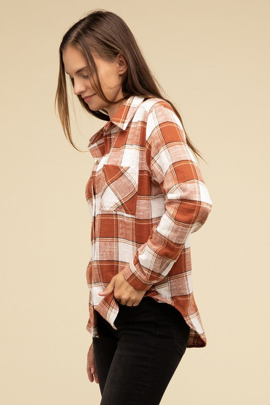 Cotton Plaid Shacket With Front Pocket