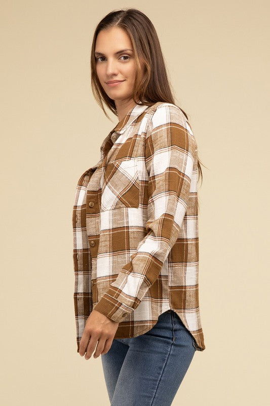 Cotton Plaid Shacket With Front Pocket