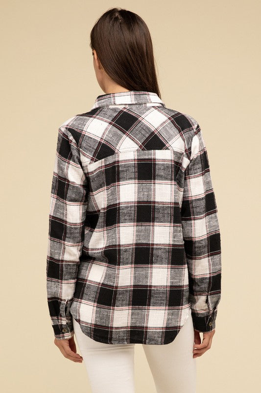 Cotton Plaid Shacket With Front Pocket