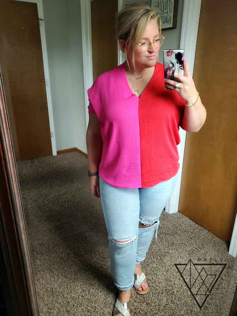 Colorblock Dolman Tunic - Pink Red
