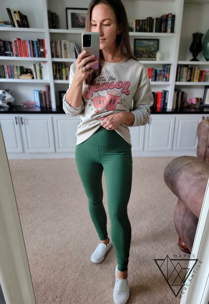 Tapered Band Essential High Waist Leggings - Forest Green